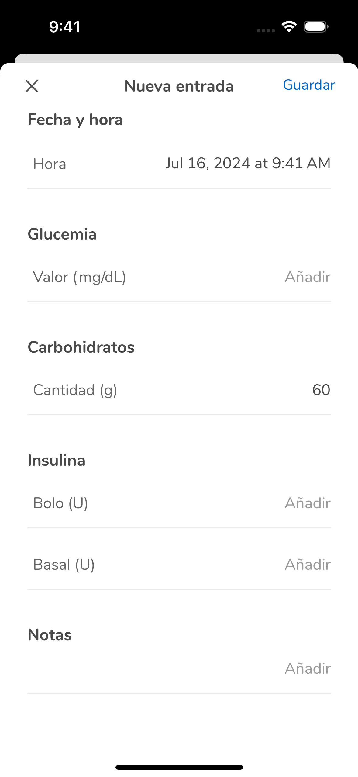 07_04_AddEntry_AddValues SaveDiaryEmpty_Mgdl